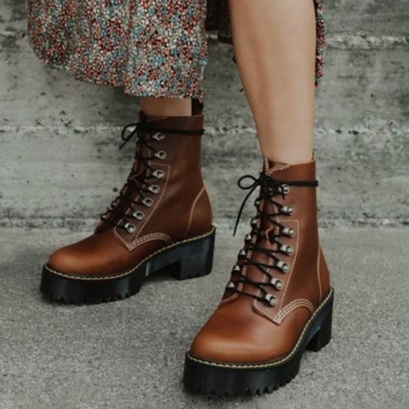 Dr. Martens Leona Brown Leather Platform Chunky Lace Up Boots Women's Size 7 - Picture 12 of 12